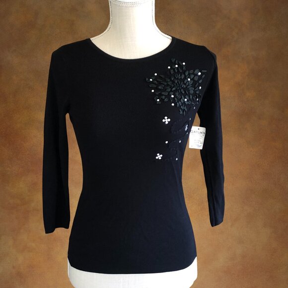 Attitude Knit Black Medium Top – Beaded Floral Sequin Detail, 3/4 Sleeve - Picture 2 of 10
